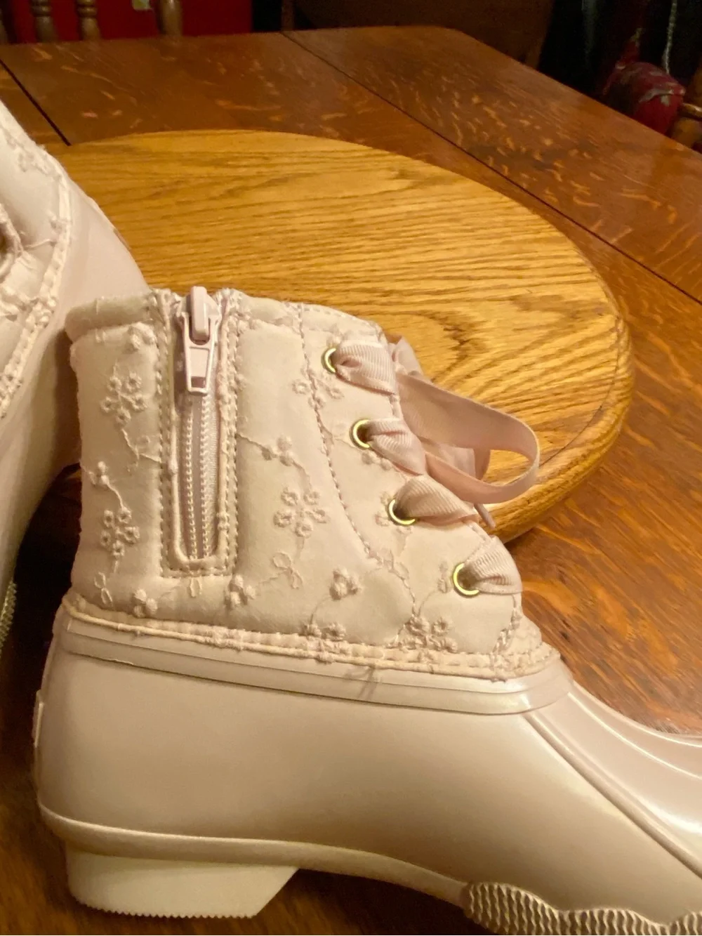 Sperry Girls powder pink lace-up all weather duck boots.